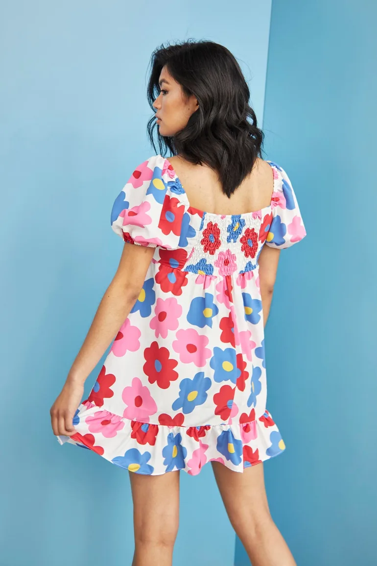 Glamorous Care Bright Large Floral Puff Shoulder Mini Dress - 1