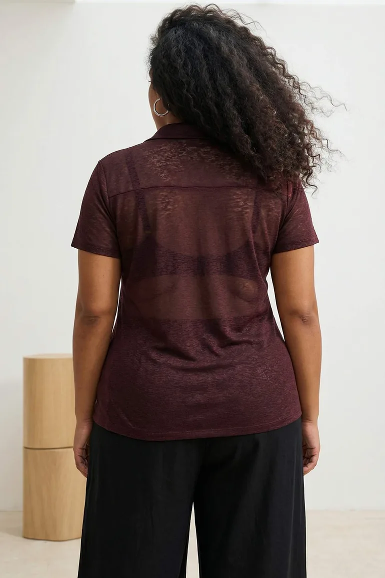 Brown Shirt Collar Transparent Bodycon Stretchy Knitted Plus Size Blouse - 4