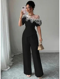 Black Lace Insert Asymmetric Top and Pants Set - 5