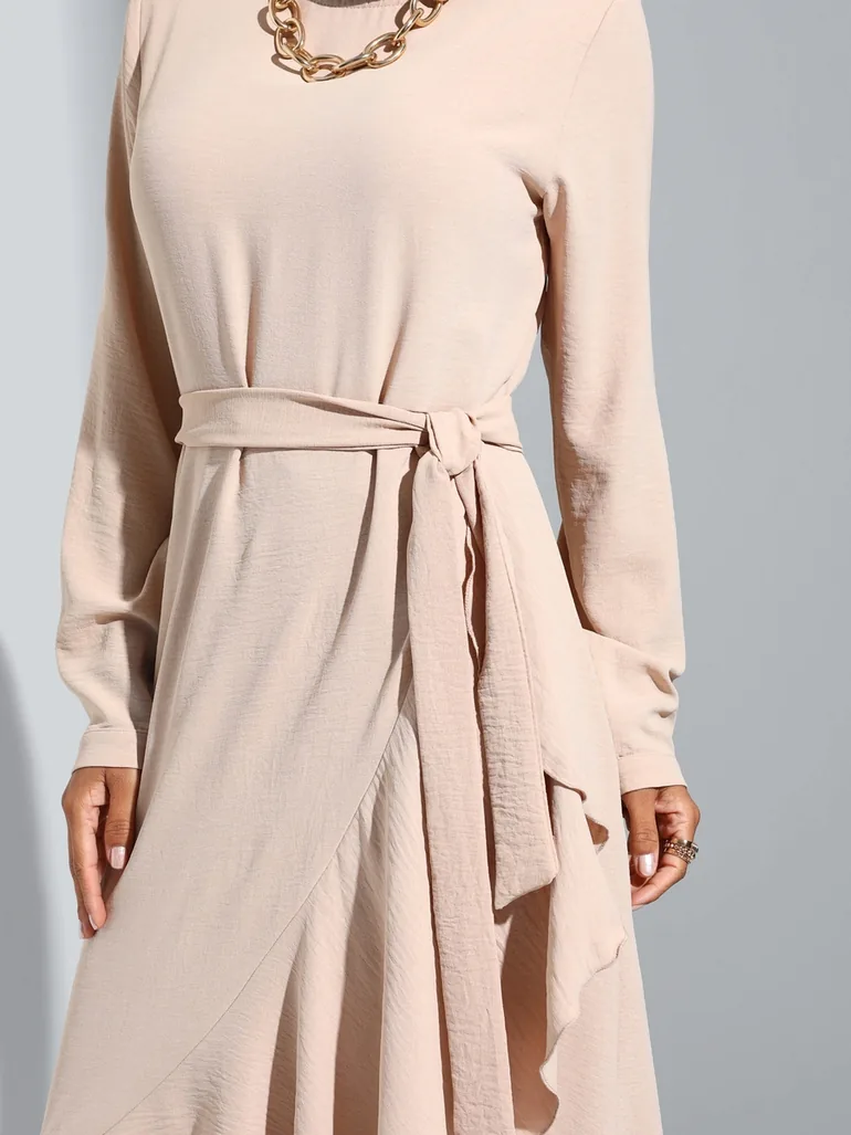 Beige Modest Maxi Dress with Ruffled Edge - 3