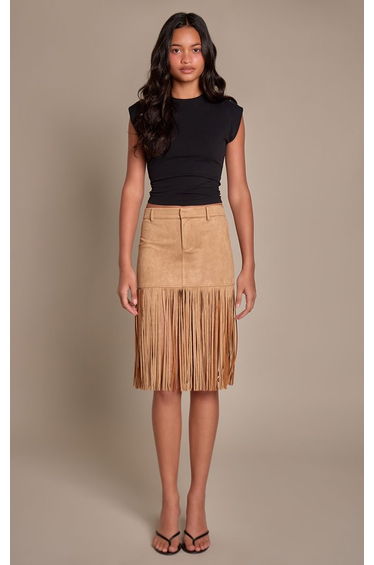 Tan Faux Suede Fringe Detail Mini Skirt