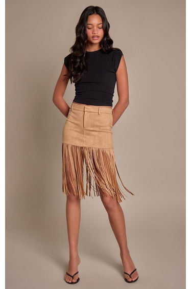 Tan Faux Suede Fringe Detail Mini Skirt product thumbnail 2