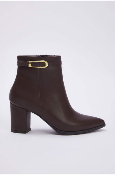 Brown Buckle Detailed Pointed Toe Block Heel Ankle Boots for product thumbnail 4