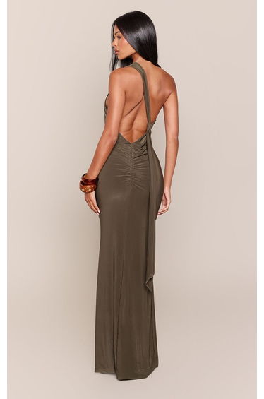 Tall Deep Olive Double Layer Slinky Backless Ring Detail Ruched Maxi Dress product thumbnail 2