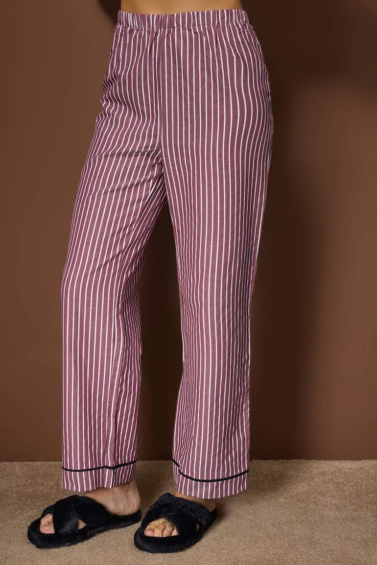 Burgundy Striped Poplin Woven Pajama Set - 2