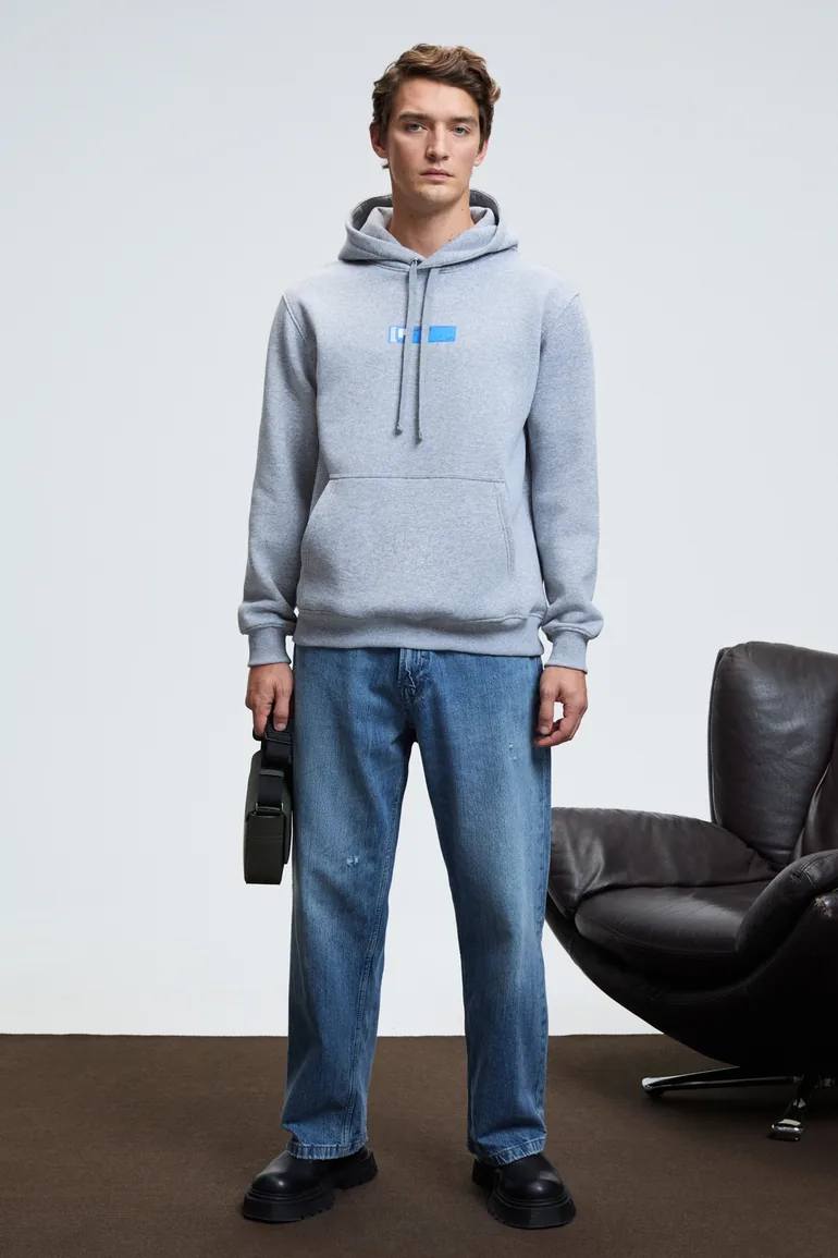 GRIMELANGE LELAND Men's Hooded Kangaroo Pocket Chest Embroidered Regular Fit Grimelange Sweatshirt
