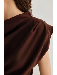 Brown Gathered/Draped Detailed Flowy Asymmetric Collar Knitted Blouse - 3