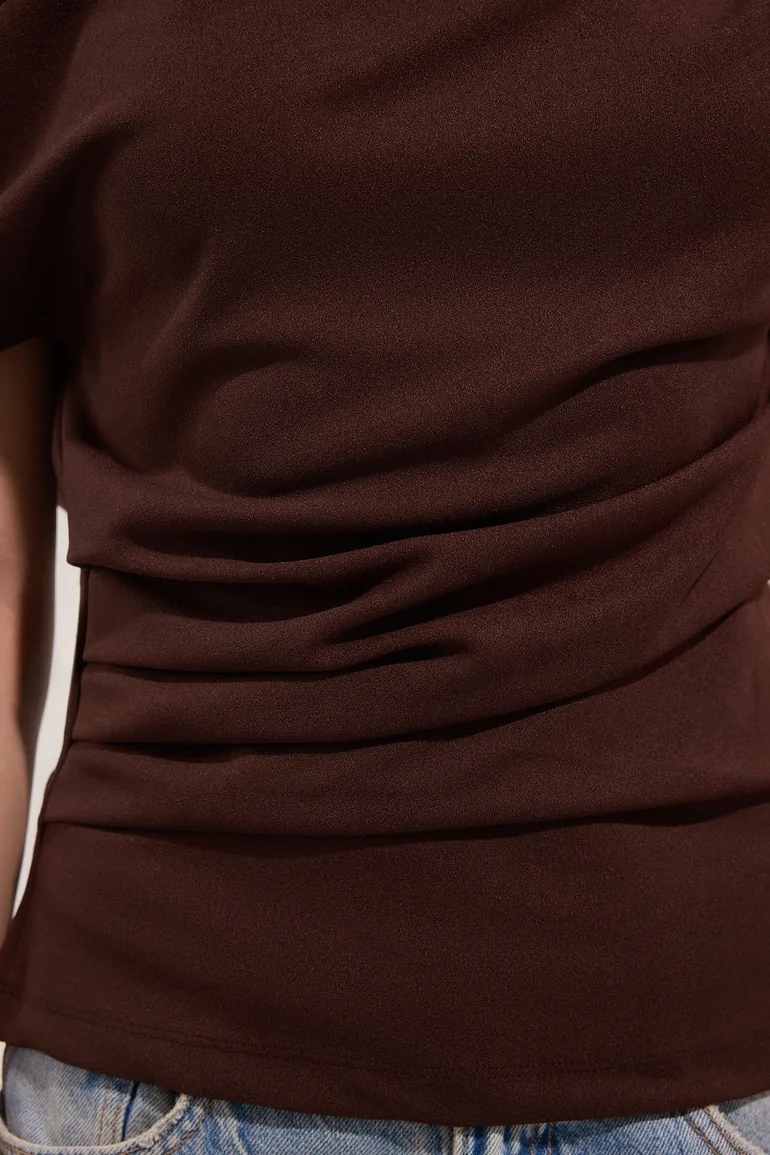 Brown Gathered/Draped Detailed Flowy Asymmetric Collar Knitted Blouse - 2