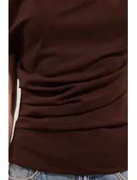 Brown Gathered/Draped Detailed Flowy Asymmetric Collar Knitted Blouse - 2