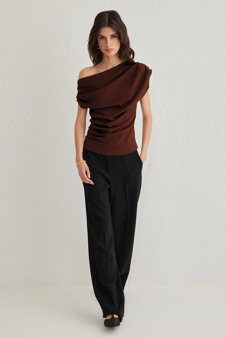 Brown Gathered/Draped Detailed Flowy Asymmetric Collar Knitted Blouse - 1