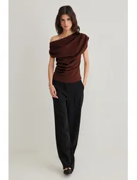 Brown Gathered/Draped Detailed Flowy Asymmetric Collar Knitted Blouse - 1