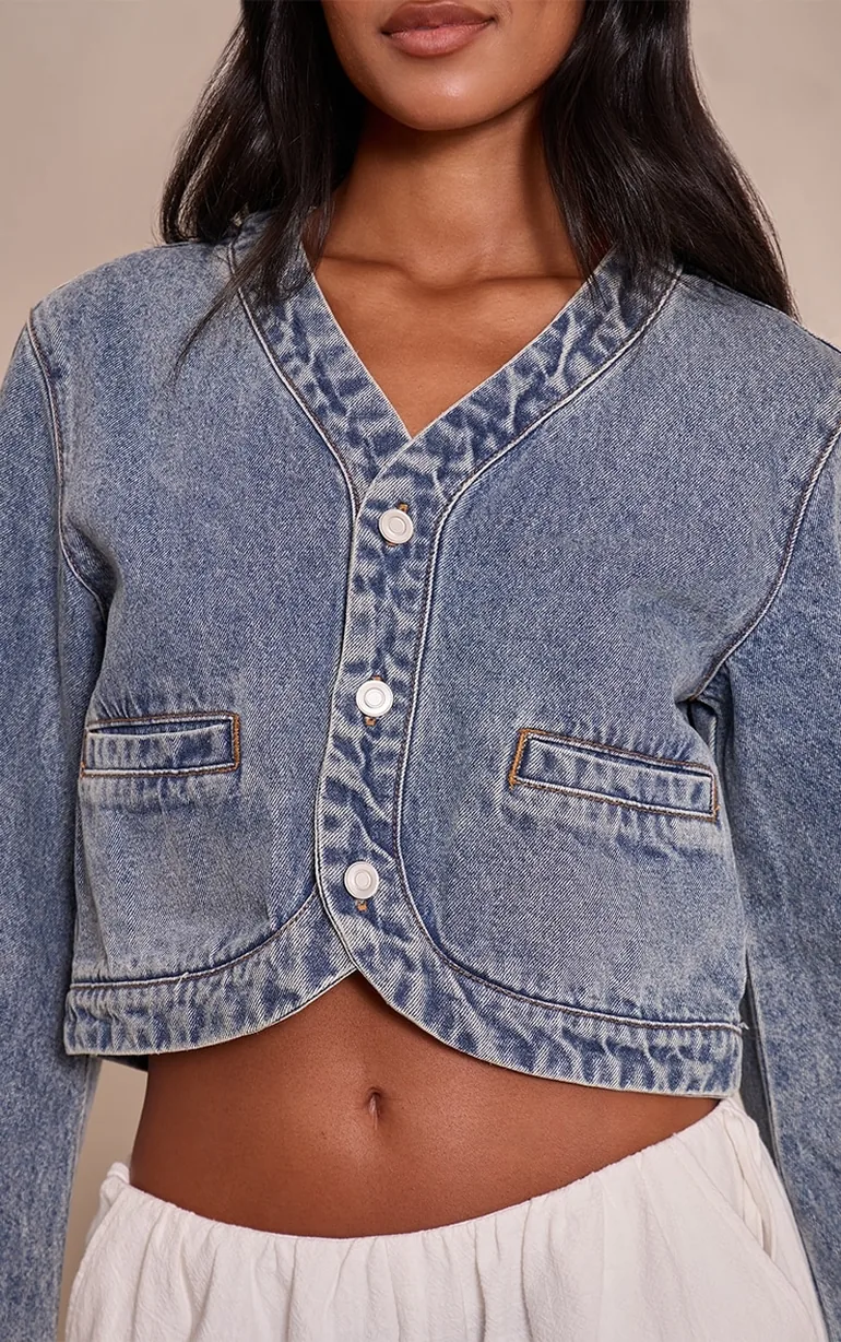 Tall Vintage V Neck Curved Hem Cropped Denim Jacket - 3