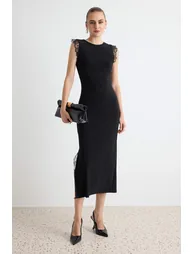 Black Plain A-Line Crew Neck Sleeveless Maxi Thick Sandy Lined Knitted Dress