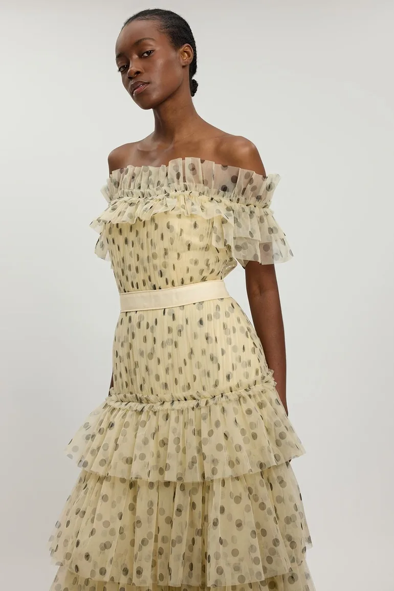Polka Dot Tulle Layered Off The Shoulder Maxi Dress - 1