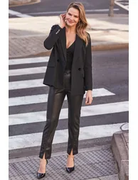 Black Faux Leather Front Split Tailored Trousers