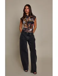 Black Tiger Print Mesh Tie Front Cap Sleeve Top