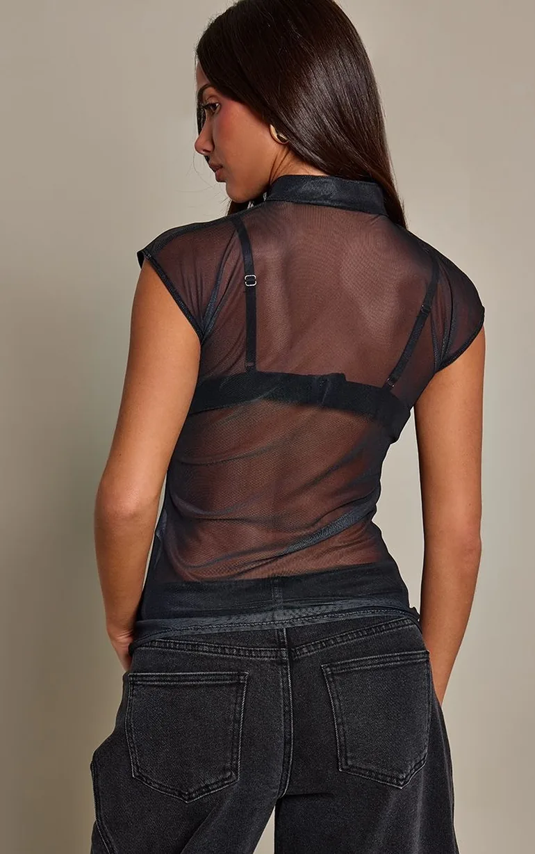 Black Tiger Print Mesh Tie Front Cap Sleeve Top - 2