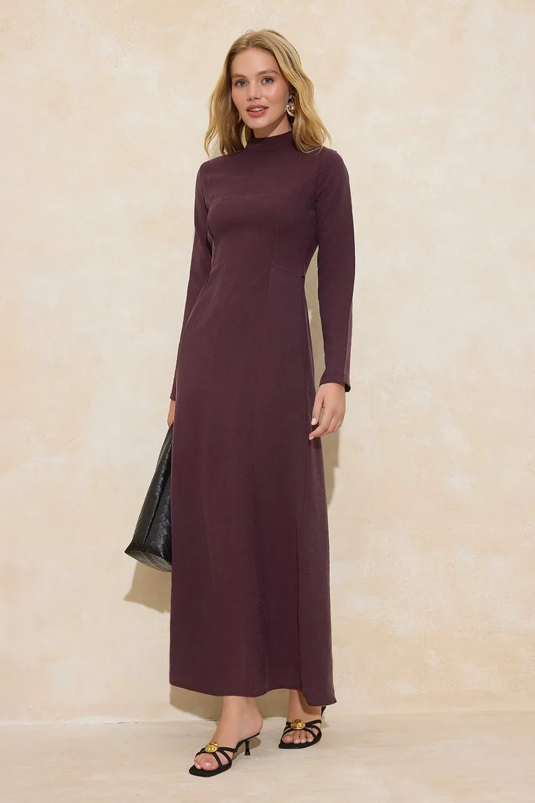 Burgundy Unlined Plain Woven Modal Fabric Hijab Dress