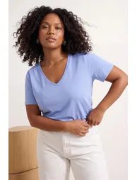 Ecru-Blue 2-Pack Basic V-Neck 100% Cotton Knitted Large Size T-Shirt - 7