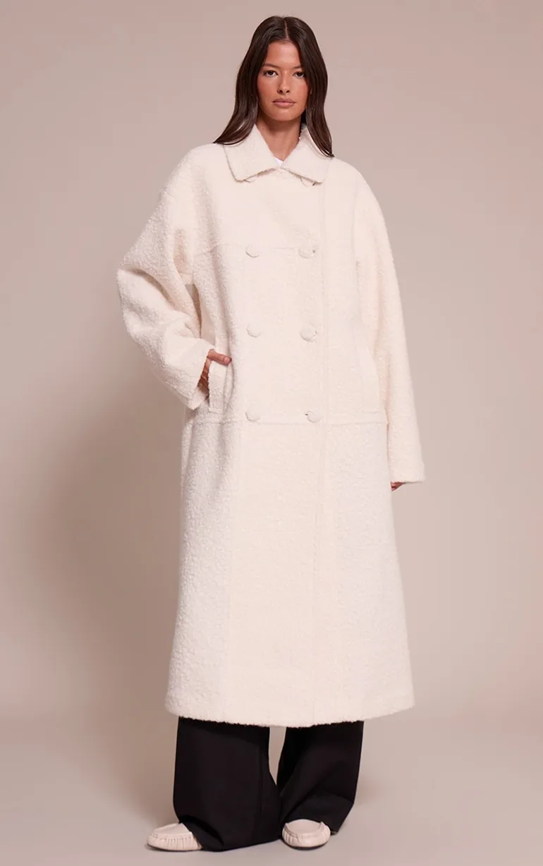 Ecru Boucle Double Breasted Maxi Coat