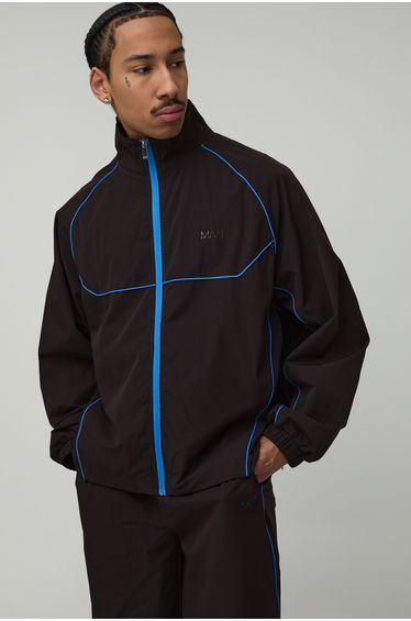Oversized Funnel Neck Zip Through Nylon Pipe Detail Tracksuit - brown product thumbnail 3
