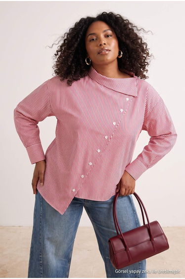 Burgundy Striped Asymmetric Collar Low Sleeve Woven Plus Size Shirt product thumbnail 3