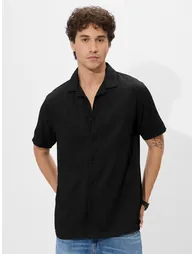 Men Black Resort Collar Textured Shirt - 1