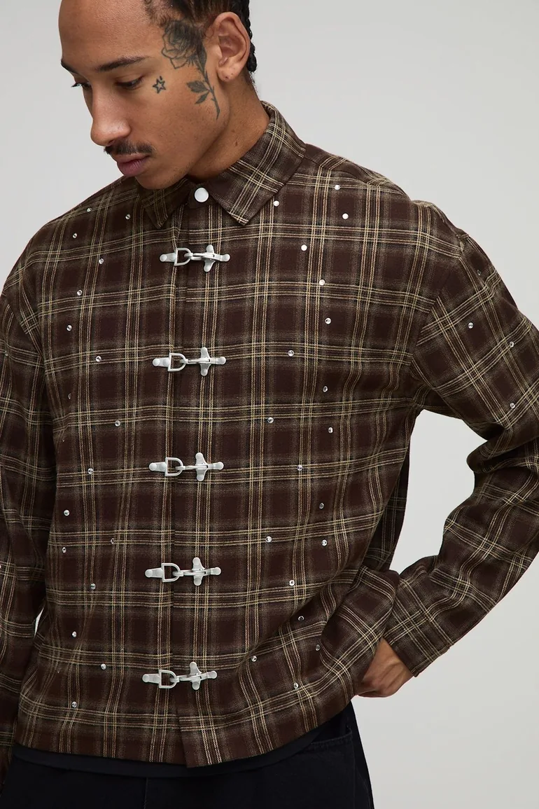 Oversized Buckle Detail Embellished Checked Overshirt - brown - 2