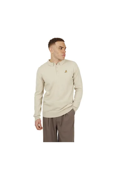 Brave Soul Mens Knitted Ribbed Collar Long-Sleeved Polo Shirt - Off White