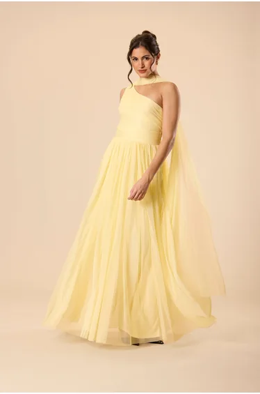 One Shoulder Tulle Maxi Dress in Buttercup Yellow with Scarf