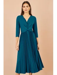 Yumi Teal Stretch Wrap Pleated Midi Dress - 2