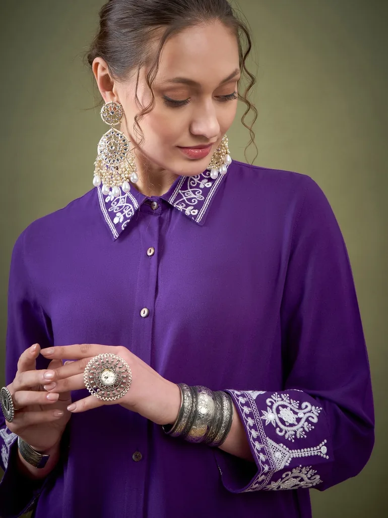 Embroidered Collar Shirt with Long Sleeves and Pants Co-Ord - 3