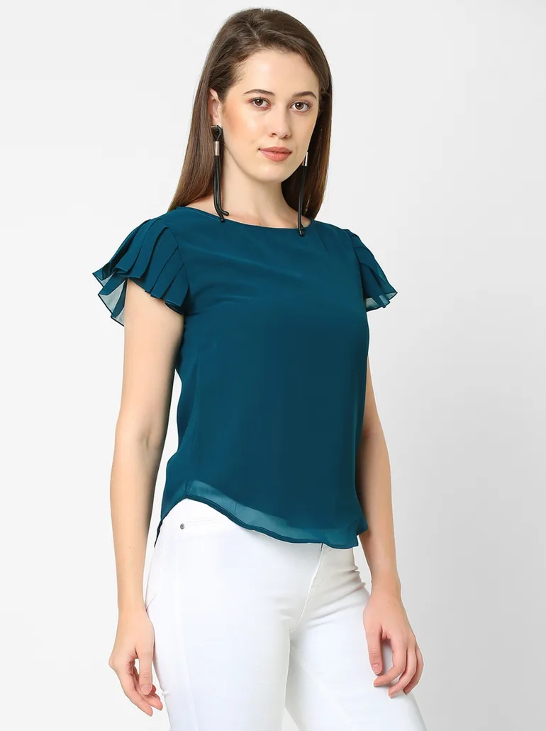 Regular Fit Frill Sleeve Round Neck Top - 2
