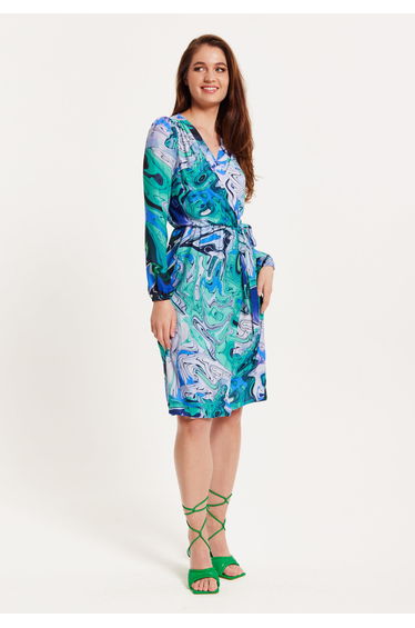 Women's Midi Wrap Dress in Turquoise Marble Print