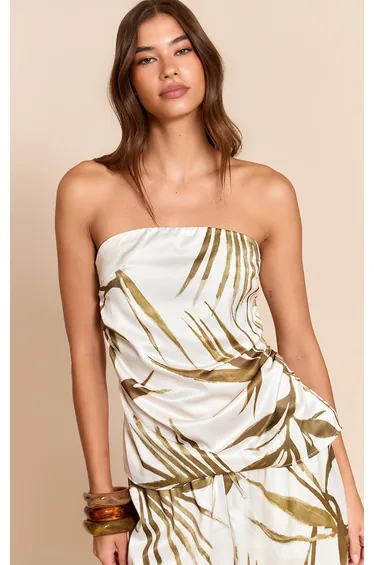 Green Leaf Print Satin Ruched Bandeau Top