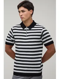 Regular Fit 1/4 Zip Striped Knitted Polo - black