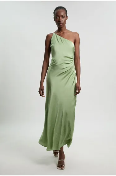 Viscose Satin Asymmetric Detail Midi Dress