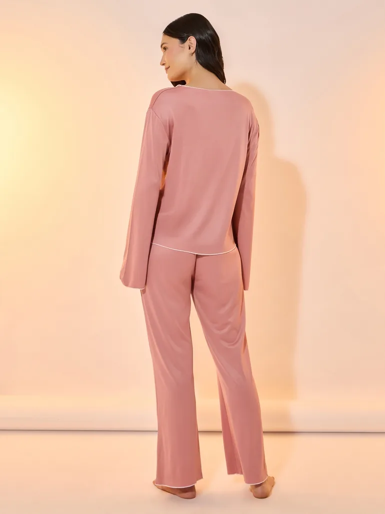 Contrast Edge Bow Detail Shirt and Pyjama Set - 4