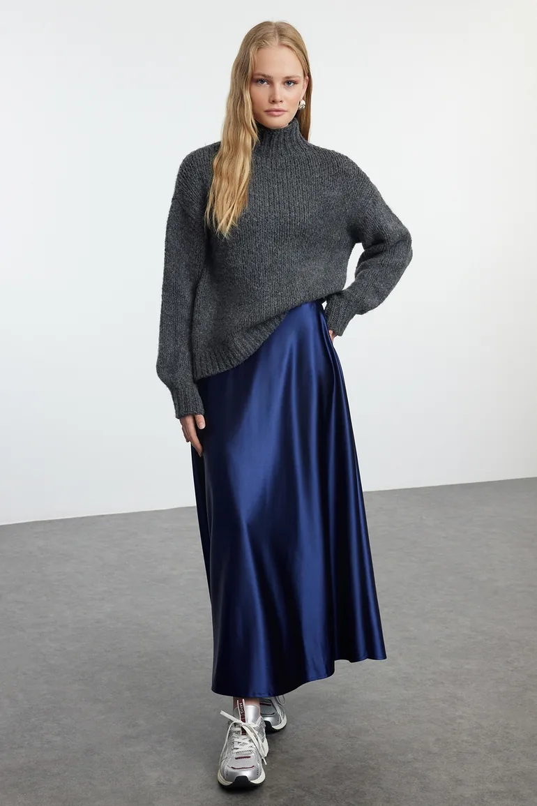 Navy Blue A Line/Flare Cut Midi Skirt