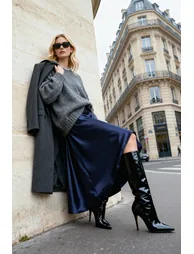 Navy Blue A Line/Flare Cut Midi Skirt - 1