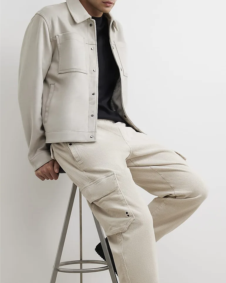 Beige Loose Fit Corduroy Cargo Trousers - 1