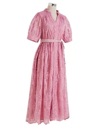 Floral Embroidery Mesh Overlay Belt Buttoned Midi Dress in Pink for Afternoon Tea & Art Gallery Openings - 7