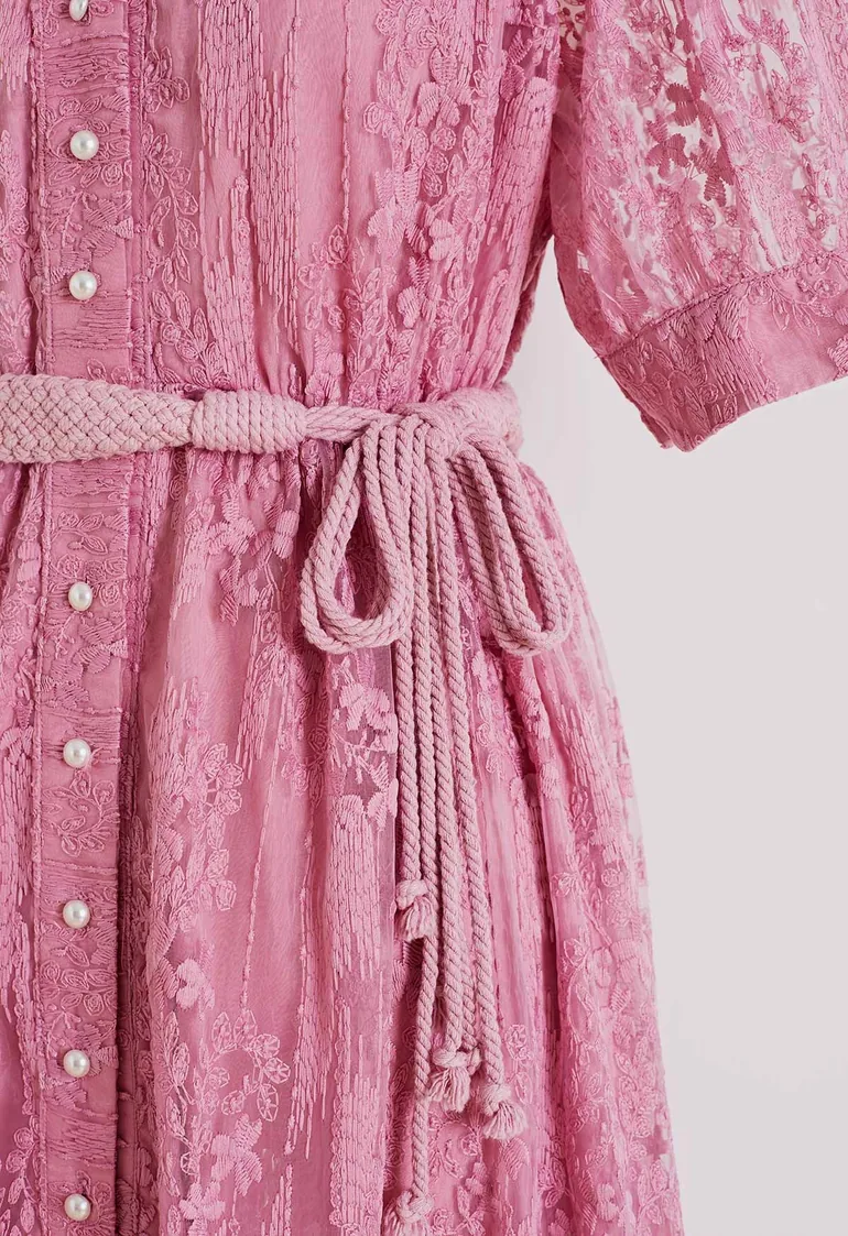 Floral Embroidery Mesh Overlay Belt Buttoned Midi Dress in Pink for Afternoon Tea & Art Gallery Openings - 3
