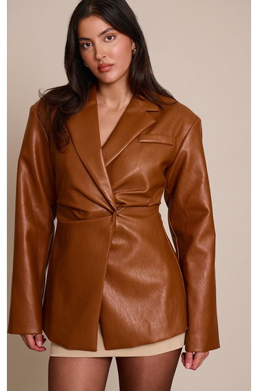 Tan Faux Leather Cinch Waist Blazer product thumbnail 2