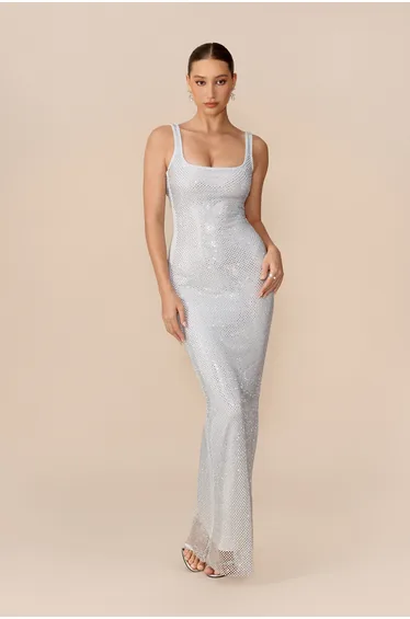 The Perfect Look Blue Square Neck Rhinestone Bodycon Maxi Dress