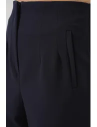 Women's Navy Blue High Waist Fabric Pants - 4