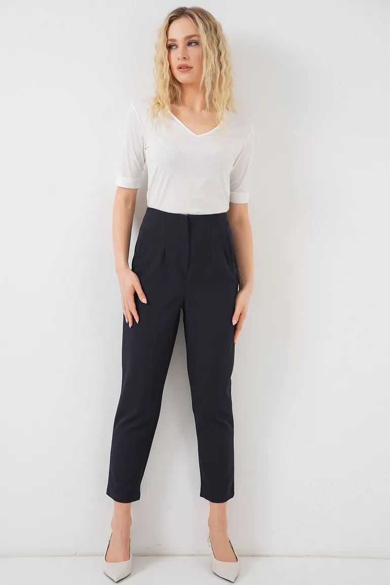Women's Navy Blue High Waist Fabric Pants - 2