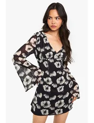Floral Chiffon Plunge Mini Dress - black - 1