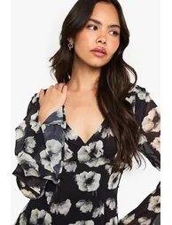 Floral Chiffon Plunge Mini Dress - black - 3