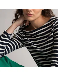 Breton Striped Cotton T-Shirt with Boat Neck and Long Sleeves - 4
